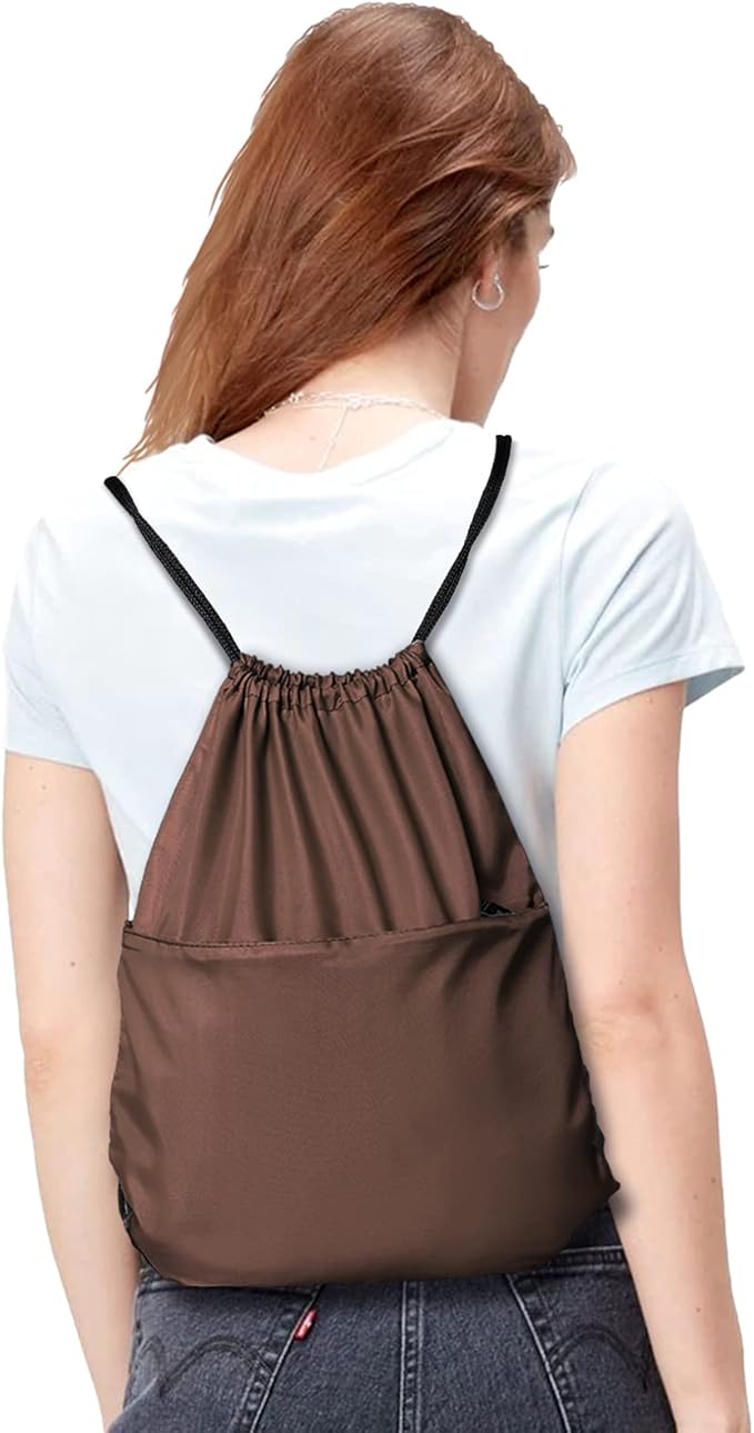 BuyAgain Drawstring Backpack Sports Water Resistant String Bag Sport Gym Sackpack for Women Men Students Large Size with Zipper, Brown