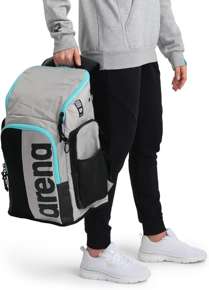 Arena Spiky III Backpack 45 Swimming Athlete Sports Gym Rucksack Large Training Gear Equipment Swim Bag for Men and Women, 45 Liters, Ice/Blue Sky