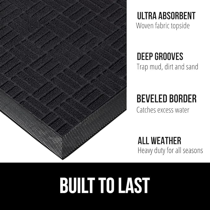 GORILLA GRIP 100% Waterproof All-Season WeatherMax Doormat, 47x35, Durable Natural Rubber, Stain and Fade Resistant, Low Profile, Indoor Outdoor Door Mats, Easy Clean Patio Entrance Mat, Midnight Maze