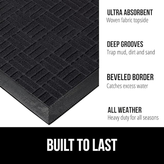 GORILLA GRIP 100% Waterproof All-Season WeatherMax Doormat, 23x35, Durable Natural Rubber, Stain and Fade Resistant, Low Profile, Indoor Outdoor Door Mats, Easy Clean Patio Entrance Mat, Midnight Maze