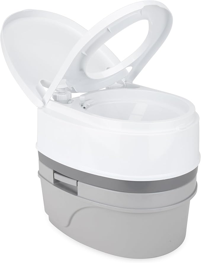 Camco RV Premium Travel Toilet - Features a 5.3-Gallon Detachable Holding Tank, Pump Flush Design & Spring-Loaded Latch (41544)