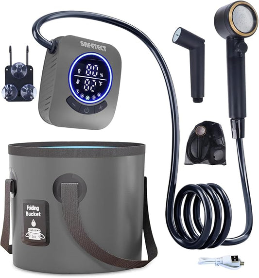 Portable Camping Shower Pump, 5 Speed Mode, 8000mAh Rechargeable Shower Pump, 4 Mode Shower Head and 20 L Foldable Bucket, Camp Shower for Hiking,Travel Beach, Pet Bath, Car Washing