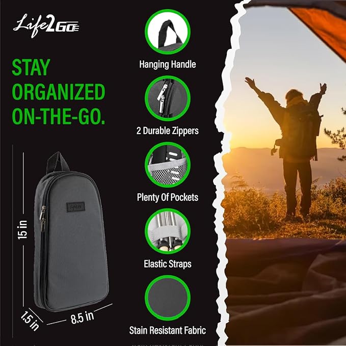 Life2Go 12 Piece Camp Cooking Utensil Set & Outdoor Kitchen Gear Cookware Kit, Portable Compact Carry Case for Camping, Hiking, Travel, BBQ Grilling Stainless Steel Accessories Spoon & Fork, Gray