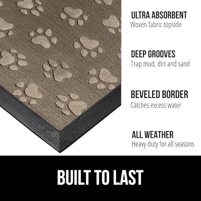 GORILLA GRIP 100% Waterproof All-Season WeatherMax Doormat, 23x35, Durable Natural Rubber, Stain and Fade Resistant, Low Profile, Indoor Outdoor Door Mats, Easy Clean Patio Entry Mat, Tan Pawprints