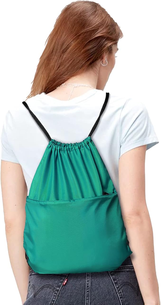 BuyAgain Drawstring Backpack Sports Water Resistant String Bag Sport Gym Sackpack for Women Men Students Large Size with Zipper, Teal