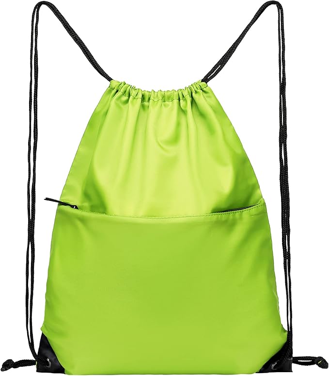 BuyAgain Drawstring Backpack Sports Water Resistant String Bag Sport Gym Sackpack for Women Men Large with Zipper, Apple Green