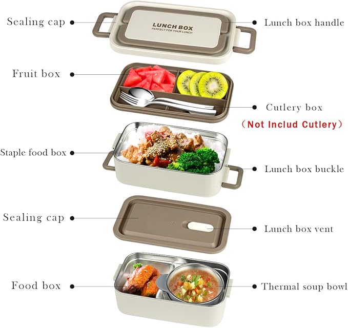 Bento Box Adult Lunch Box, Portable Insulated Lunch Containers Set, 2-Tier Stackable Stainless Steel Bento Boxes with Thermal Lunch Bag Soup Bowl, Leakproof Food Container