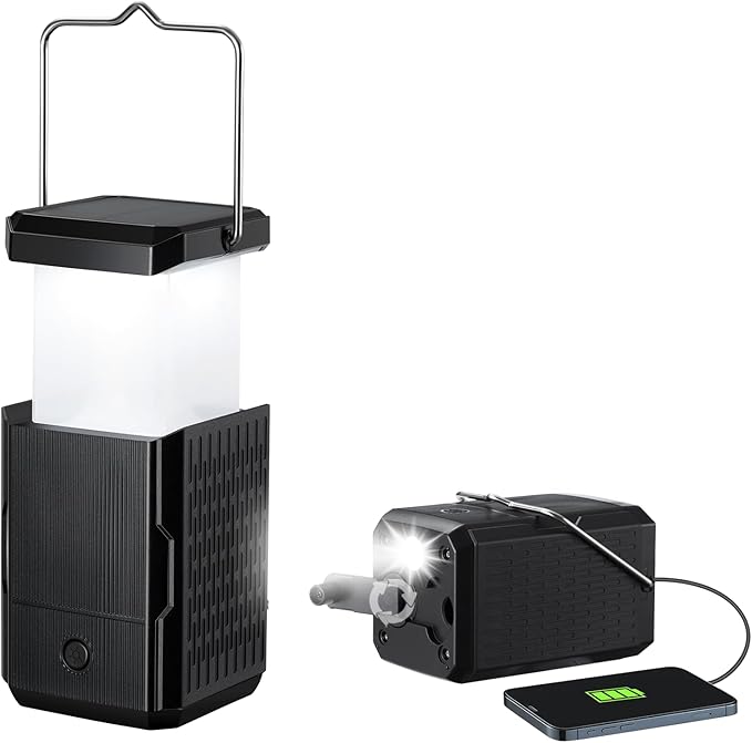 Camping Lantern Rechargeable, Hand Crank & Solar Camping Lights with USB Output, Tent Lights for Camping, Portable Camp Lamp, Camping Hurricane Home Power Failure Essentials (Black, 1 Pack)