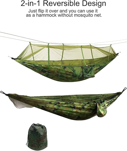 Camping Hammock with Mosquito Net - Ultra Lightweight Durable Double/Single Travel Hammock 210T Parachute Nylon with Tree Straps 660lbs Capacity for Garden Camping Backpacking, Camo