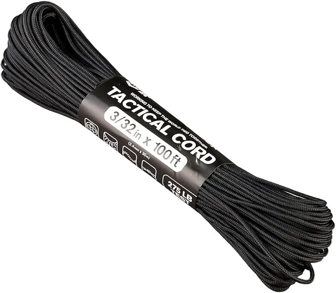 Atwood Rope MFG 275 Tactical Paracord 100 Feet 4-Strand Core Nylon Parachute Cord Outside Survival Gear Made in USA | Lanyards, Bracelets, Handle Wraps, Keychain (Black)