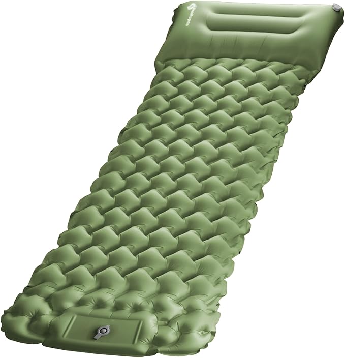 Inflatable Camping Sleeping Pad with Pillow & Foot Pump, 3"x79"x26" Single Camping Air Mattress, Compact Roll-Up, Quick-Dry & Durable Sleeping Mat for Backpacking, Hiking, Tent, Travel – Grass Green