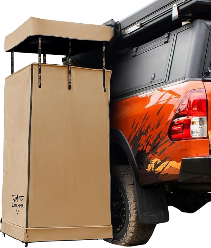 SanHima Awning Shower Tent with Roof - Car Side Shower Room w/LED Light, Camping Waterproof Portable Privacy Shelter Bathroom Overland, Khaki