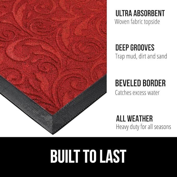 GORILLA GRIP 100% Waterproof All-Season WeatherMax Doormat, 23x35, Durable Natural Rubber, Stain and Fade Resistant, Low Profile, Indoor Outdoor Doormats, Easy Clean Patio Entry Mat, Red Vintage Wine