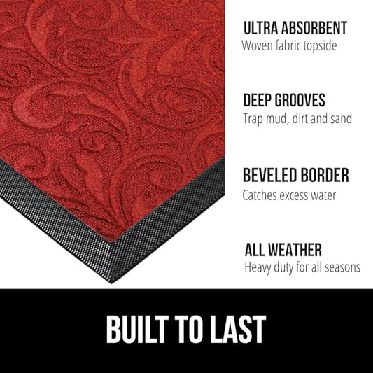 GORILLA GRIP 100% Waterproof All-Season WeatherMax Doormat, 23x35, Durable Natural Rubber, Stain and Fade Resistant, Low Profile, Indoor Outdoor Doormats, Easy Clean Patio Entry Mat, Red Vintage Wine