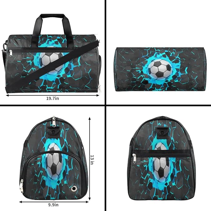 3d Light Wall Football Dry Wet Depart Duffle Overnight Bag with Shoes Compartment & Wet Pockets, Water Resistant Weekender Travel Gym Pouch For Swim Gymnastics Ballet Sleepovers