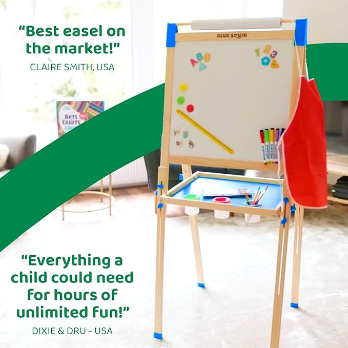 Blue Squid Art Easel for Kids - Dual-Sided Adjustable Wooden Painting Easels, Ideal Christmas Gift for Toddlers and Kid - with Magnetic Chalk Board, White Board & Paper Roll, Includes Accessories