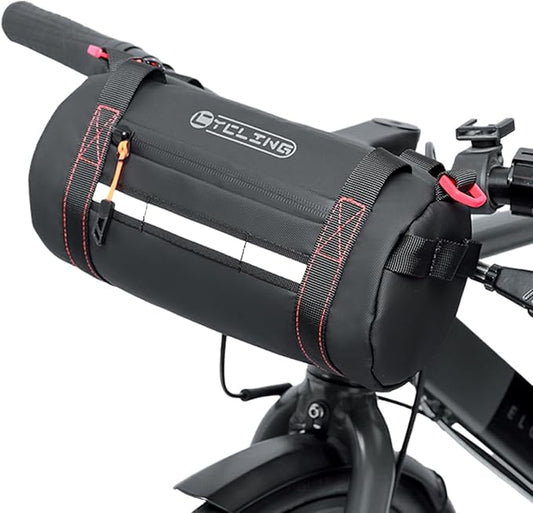 Bike Handlebar Bag, Waterproof Bicycle Front Roll Bag with Reflective Area, Cycling Storage Pouch with Waterproof Zipper Shoulder Strap Removable Straps for Road Mountain E-Bikes