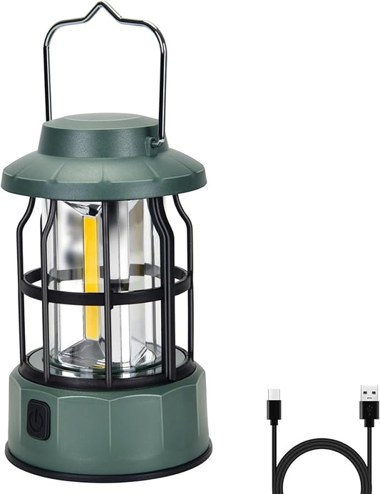 Camping Lantern Vintage Camp Light Dimmable USB C Rechargeable Portable Hanging Tent Retro COB Lights for Power Outages, Survival, Hiking, Bar (5.4 in Height, Green)
