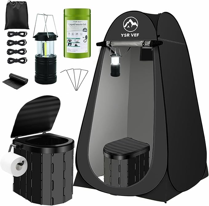 Portable Toilet Kit, Camping Toilet with Pop-Up Privacy Tent and Poo Gel Toilet Bags, Washable Portable Outdoor Showers Changing Rooms