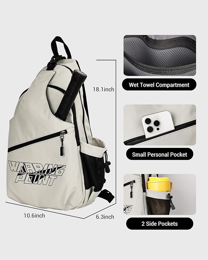 Warping Point Pickleball Bag, Adjustable Large Capacity Pickleball Crossbody Backpack for Women Men, Sling Padel Bag Hold 2 to 4 Paddles with Multiple Compartments, Wet & Safety Pocket Fence Hook