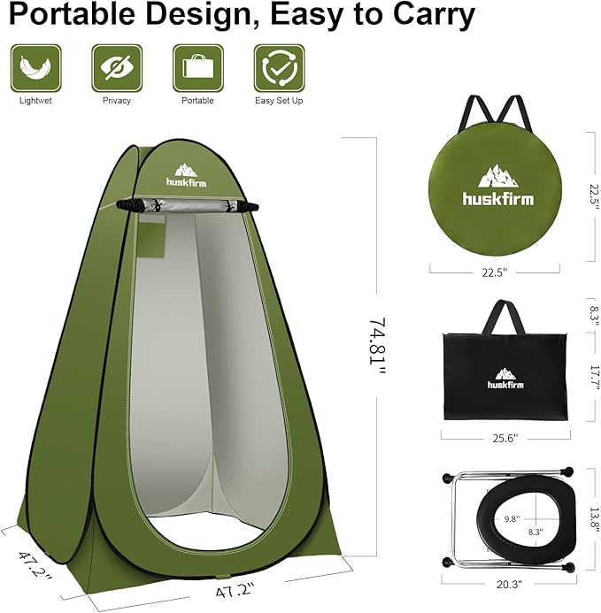 Portable Toilet Kit for Adults, Pop Up Privacy Tent with Instant Portable Outdoor Shower, Stainless Steel Camp Toilet Changing Room