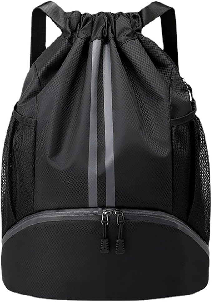 Swim Bag Drawstring Backpack with Wet Pocket Shoe Warehouse String Bag Sackpack for Beach Swimming Pool Gym Sports (Black)