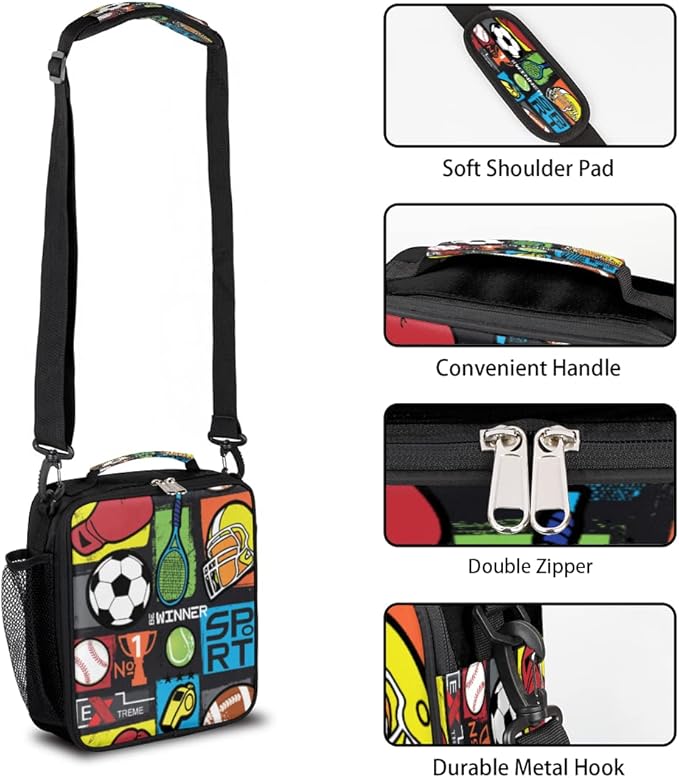 cfpolar Insulated Lunch Bags Sport Symbol Soccer Lunch Box for Men Boys Girls Reusable Mini Cooler Lunch Tote Lunchbox Thermal Meal Tote Kit with Shoulder Strap for Work School Picnic