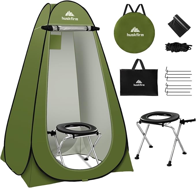 Portable Toilet Kit for Adults, Pop Up Privacy Tent with Instant Portable Outdoor Shower, Stainless Steel Camp Toilet Changing Room