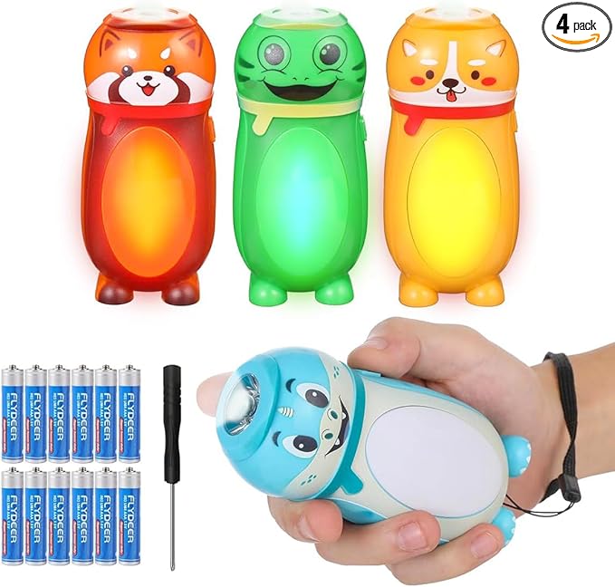 4 Pack Small Mini LED Flashlights for Kids - Cute Small Animal Flashlight - 2 in 1 Camping Lantern Flashlight - Christmas Gifts Stocking Stuffers for Boys Girls