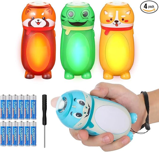 4 Pack Small Mini LED Flashlights for Kids - Cute Small Animal Flashlight - 2 in 1 Camping Lantern Flashlight - Christmas Gifts Stocking Stuffers for Boys Girls