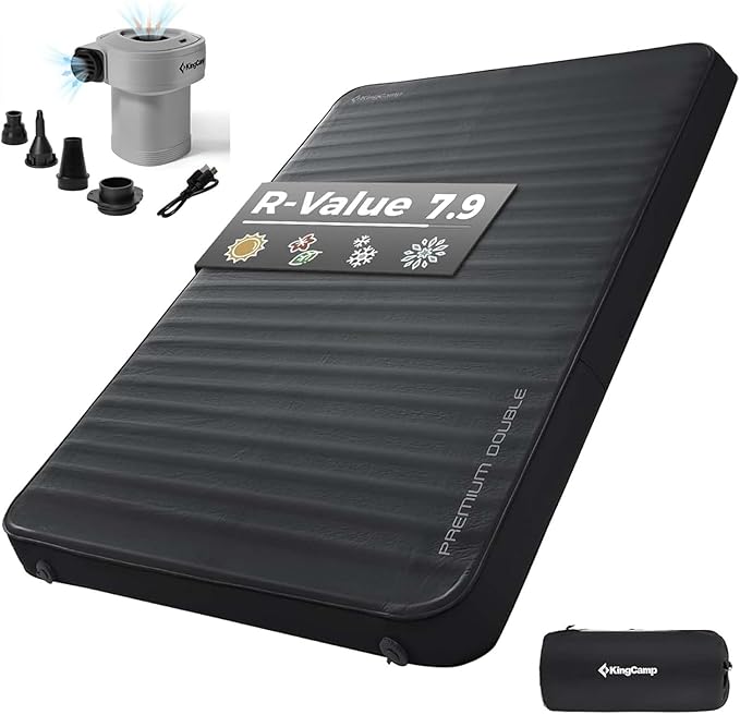 KingCamp Double Sleeping Pad, 2 Person Queen R 7.9 Self Inflating Sleeping Pad, 3" Thick Full Size Foam Mattress Mat with Air Pump for Outdoor Camping Tent Car, PVC Free (Black)