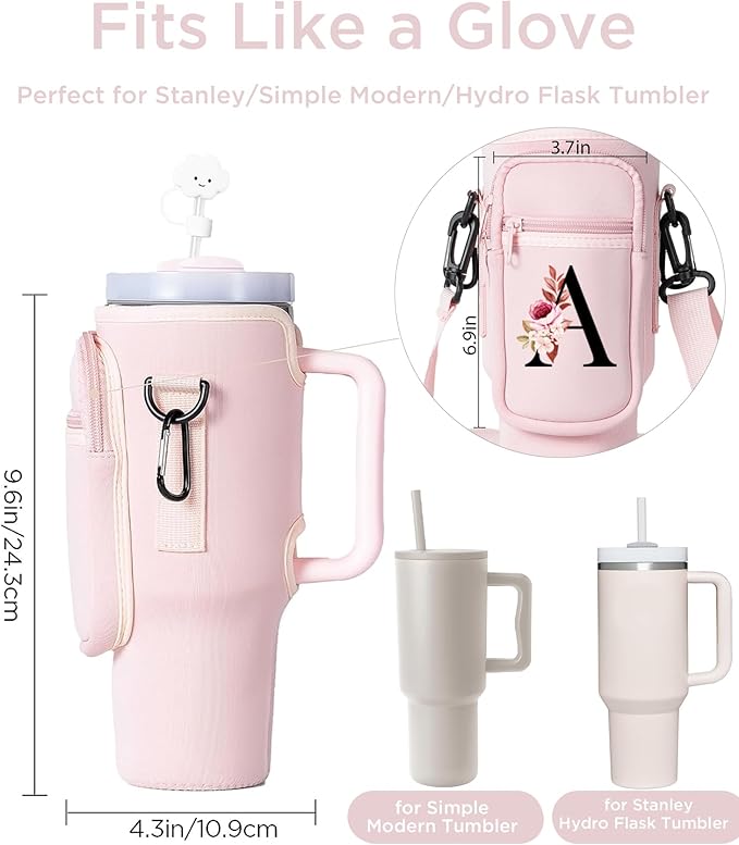dabria Initial A-Z Water Bottle Bag with Phone Pocket for Stanley 40 oz Tumbler Neoprene Water Bottle Holder Pouch with Adjustable Strap Bollus with Straw Cover & Carabiner for Stanley Cup Accessories