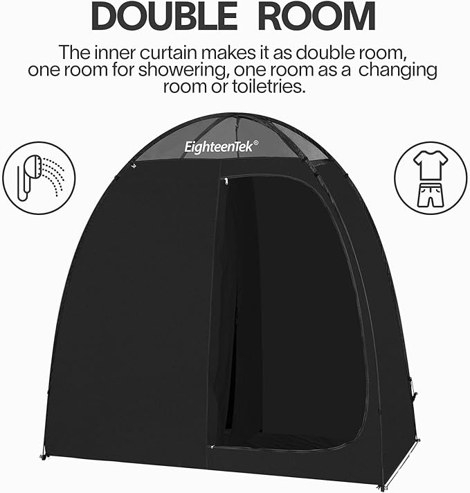 EighteenTek Camping Shower Tent Changing Room with Fixed Floor 2 Rooms and Doors Outdoor Pop Up Camping Toilet Portable Privacy Dressing Shelter with Carry Bag 83"x43"x80" (2 Rooms+1 Door+Black)