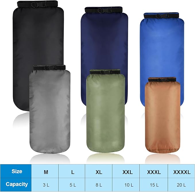 Shappy 6 Pcs Waterproof Dry Bag Set 6 Size Lightweight Sack and Long Adjustable Shoulder Strap 20/15/10/8/5/3l Outdoor Keep Gear Stuff Sack for Backpacking Boating Hiking Camping
