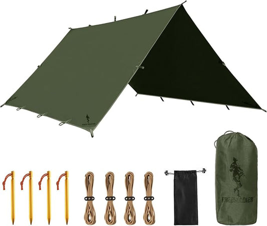FREE SOLDIER Camping Tarp Waterproof Portable Tarp Multifunctional Outdoor Camping Traveling Awning Backpacking Tarp Shelter Rain Tarp (Dark Green 10×10.5ft)