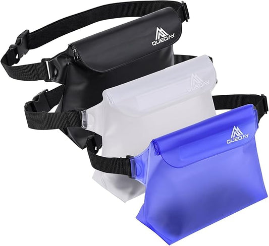 Queday 3-Pack Waterproof Pouch with Waist Strap, Screen Touchable Dry Bag with Adjustable Belt for Phone Valuables for Swimming Snorkeling Boating Fishing Kayaking Blue Pink Blue