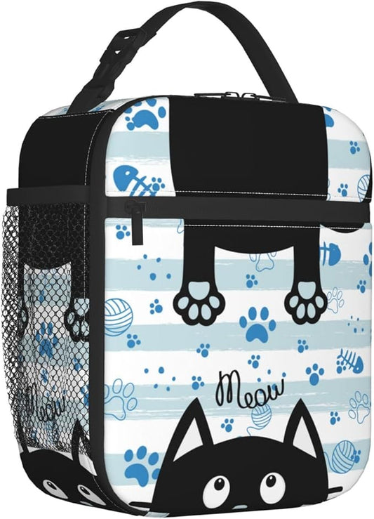 Black Cat Lunch Box for Kids Boys Girls, Blue and White Striped Cat Paws Insulated Lunch Bag for Women Men, Leakproof Durable Lunch Cooler for School Work Picnic