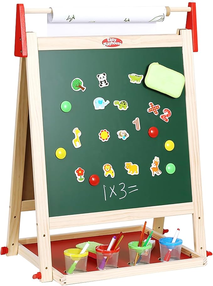 Easy Playhouse Easel for Kids, Wooden Whiteboard & Chalkboard Easel | Adjustable Height, Double-Sided Art Easel for Children