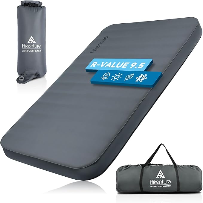 Hikenture Extra Thick Double Self Inflating Sleeping Pad, 9.5 R Camping Mattress 2 Person, Inflatable Foam Camping Pad with Pump Sack, Portable 4 in Thickness Comfort Plus Camping Mat for 4-Season