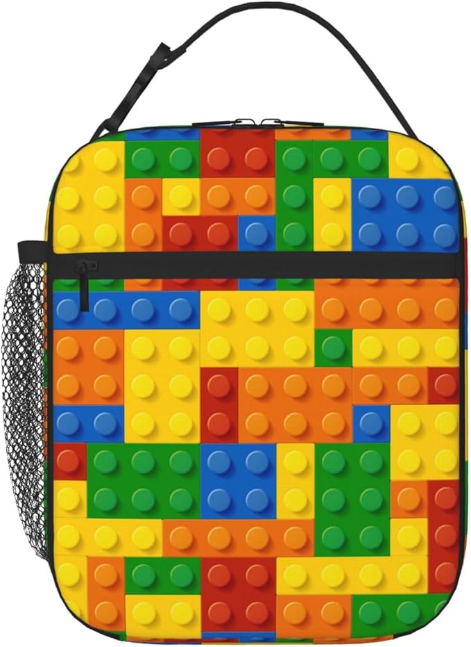 Fun Blocks Colorful Insulated Lunch Bag Reusable Cooler Lunch Box Portable Leakproof Thermal Container Tote Bags for Girls Boys School Travel