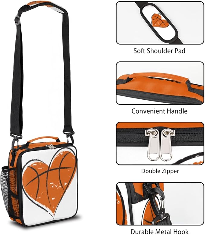 cfpolar Basketball Lunch Box for Boys Girls, Basketball Printed Insulated Lunch Bags for Kids Reusable Mini Cooler Lunch Tote Lunchbox Thermal Meal Tote Kit with Shoulder Strap for Work School Picnic