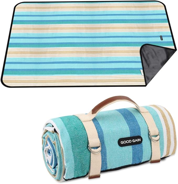 G GOOD GAIN Picnic Blanket Waterproof & Sand Proof,Beach Blanket Portable with Carry Strap, XL Large Foldable Picnic Rug Machine Washable for Outdoor Camping Party,Wet Grass,Hiking,Kids Playground
