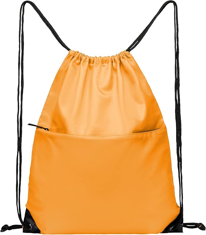 BuyAgain Drawstring Backpack Sports Water Resistant String Bag Sport Gym Sackpack for Women Men Large with Zipper, Orange