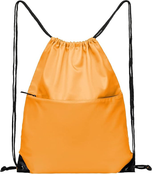 BuyAgain Drawstring Backpack Sports Water Resistant String Bag Sport Gym Sackpack for Women Men Large with Zipper, Orange