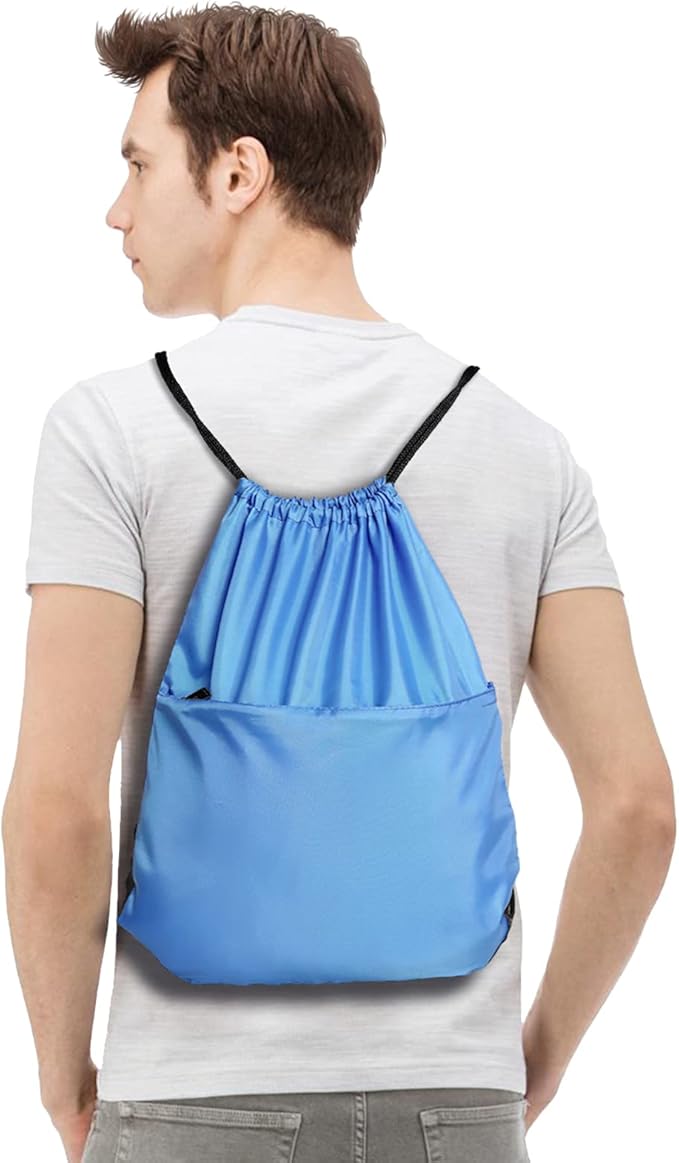 BuyAgain Drawstring Backpack Sports Water Resistant String Bag Sport Gym Sackpack for Women Men Large with Zipper, Baby Blue