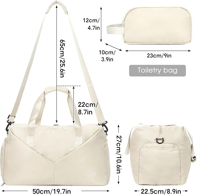 Ceneda 20" Gym Duffel with Wet Pocket & Shoes Compartment - Portable Overnight Weekender Travel & Yoga Bag for Women (Ivory)
