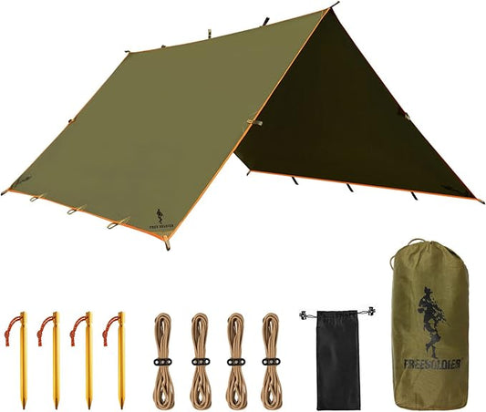 FREE SOLDIER Waterproof Portable Multifunctional Outdoor Camping Traveling Awning Backpacking Tarp Shelter for Rain (Brown)