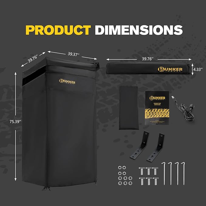 BUNKER INDUST Vehicle Side Shower Tent with Roof, Car Portable Privacy Shower Bathroom, Outdoor Camping Awning Shower Room Waterproof, Built-in LED Light for Night, Black