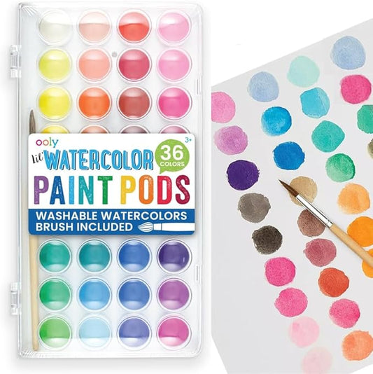 Ooly Lil' Watercolor Washable Paint Pods Set with Brush, 36 colors & 1 Paintbrush, Washable Watercolors in a Portable Case, School and Art Supplies for All Ages, Bright & Vibrant Colors