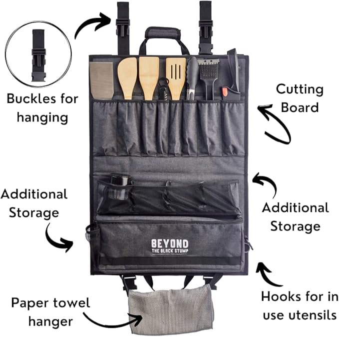 Camp Kitchen Organizer and Utensil Kit - Set of 14 - Travel Organizer - Grill Accessories - Portable Camping Gear